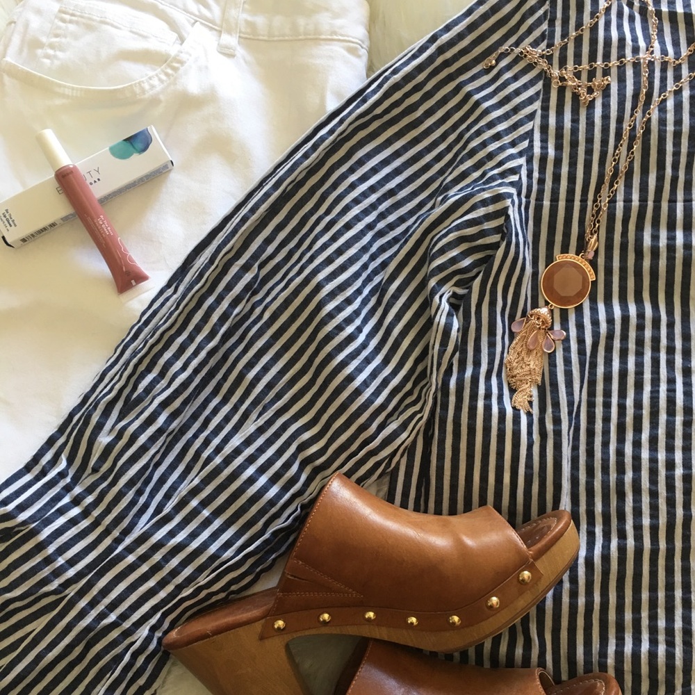 Dark blue and white pinstripe top